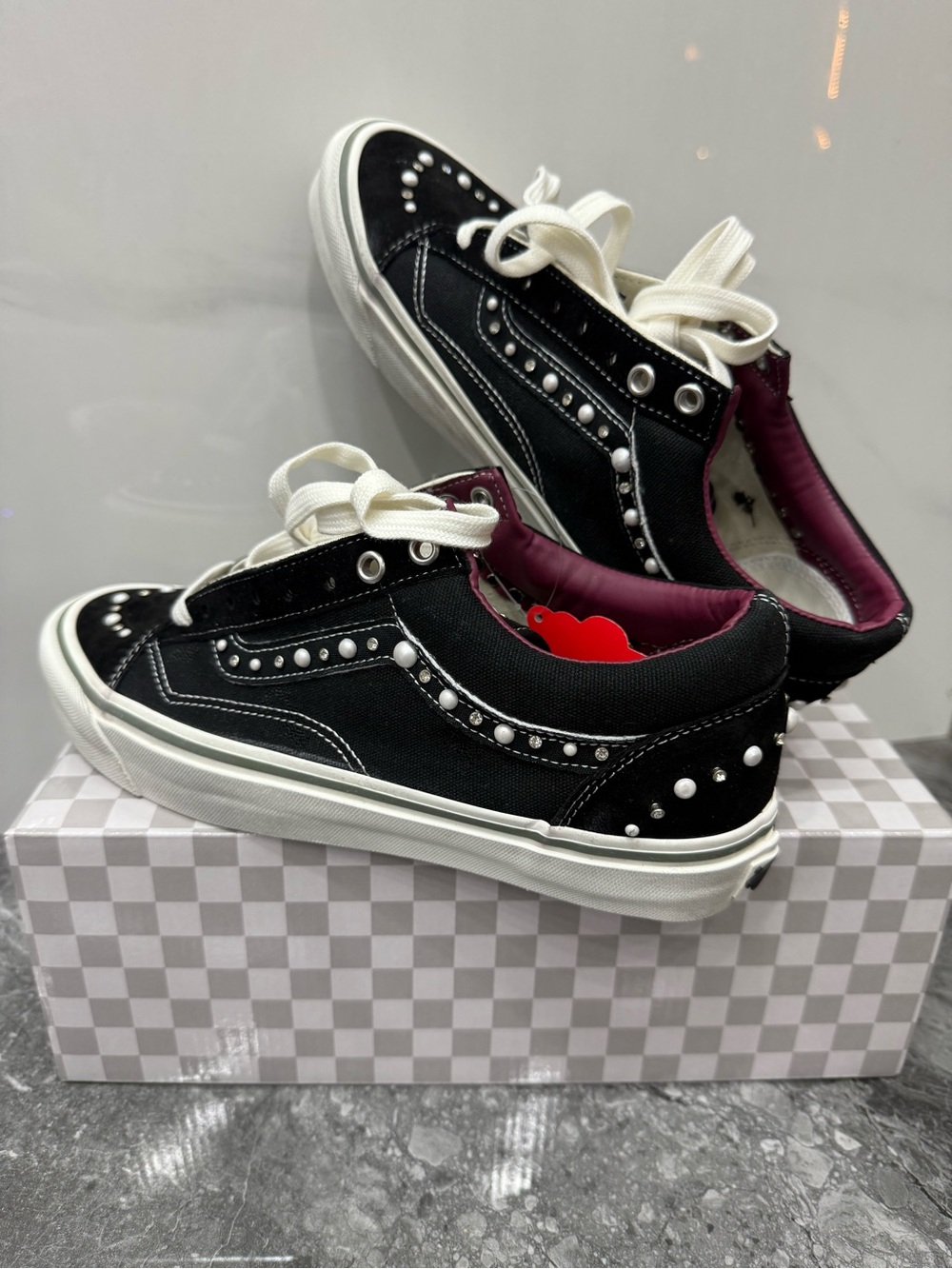 Vans Black Pearl-Studded Low-Top Sneakers with Cream Laces